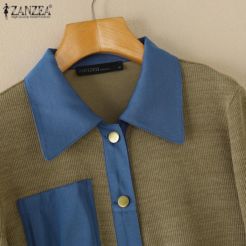 ZANZEA Women Casual Turn Down Collar Long Sleeve Patchwork Cardigans