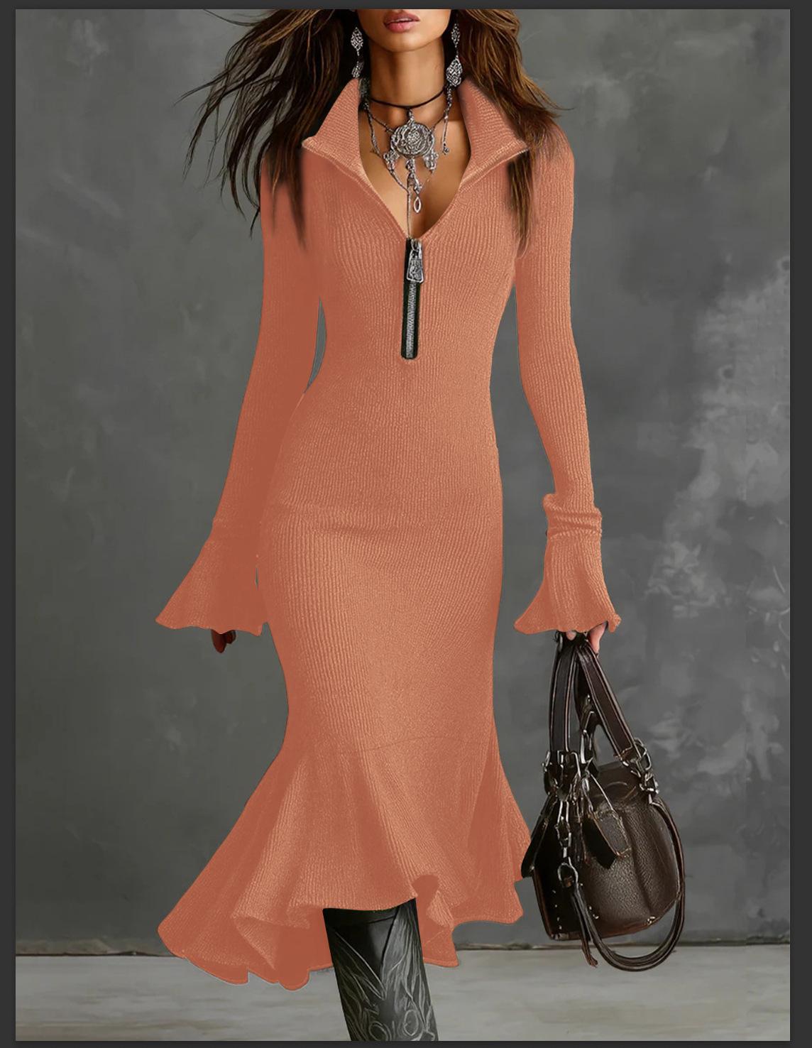 2025 Elegant Autumn Knit Fishtail Skirt with Zippered Lapel and Bell Sleeves Large