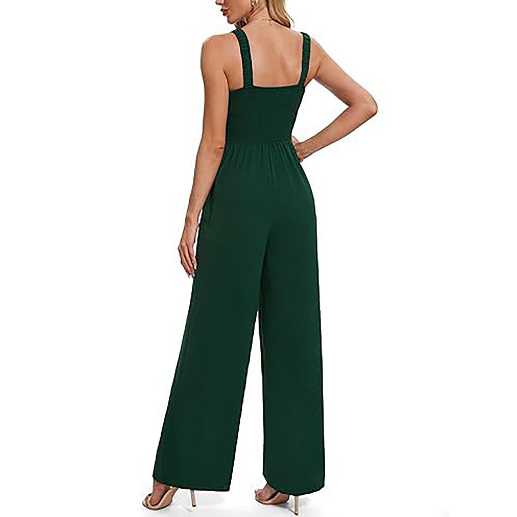Women Sleeveless Square Neck Wide Leg Jumpsuit with Adjustable Straps and Pockets Casual Loose Fit Outfit
