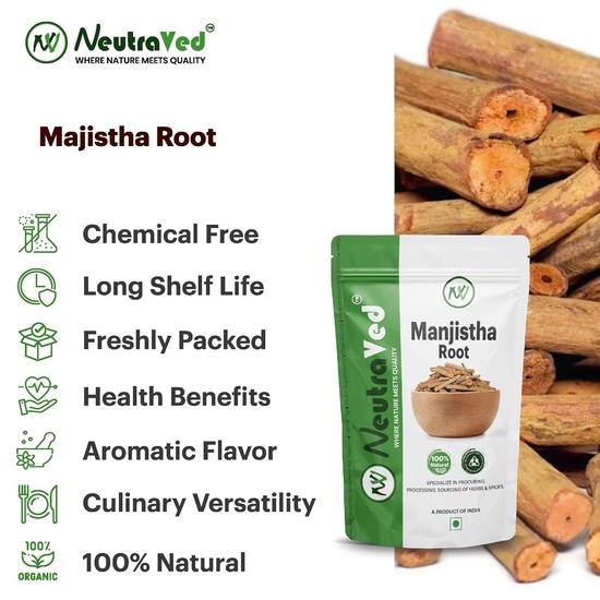 NeutraVed Manjistha Root - 100g, Organic Indian Madder, for Eating Also Face , Skin - Ayurvedic Herbs for Men and Women- 100g