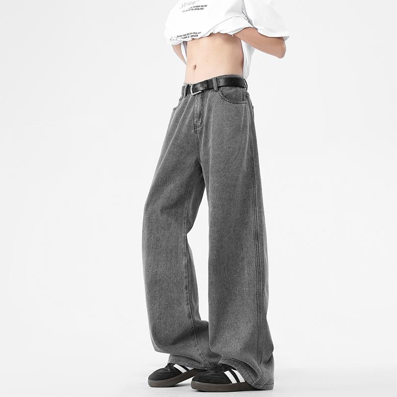 Four Seasons Washed Floor-Mopping Jeans Solid Color Retro Hong Kong Style Loose Straight Pants Cargo Casual Pants