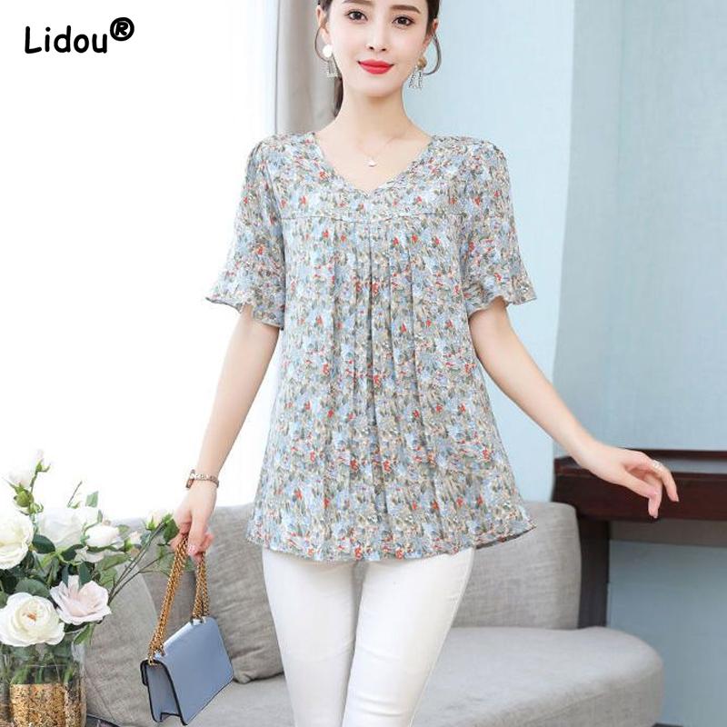 

Новая женская одежда Свободные футболки с круглым вырезом, цветочным принтом, элегантные, модные, пуловеры, с коротким рукавом, тонкие, летние, повседневные 4XL синий