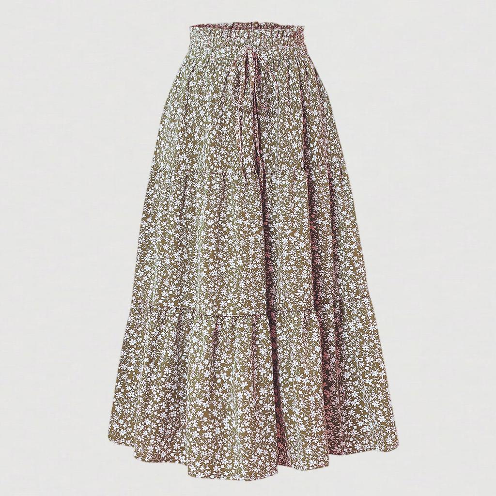 Kadın Modası Düz Renk Çiçekli Bağcıklı Elastik Bel Bol Uzun Etek