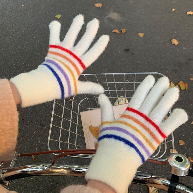 Knitted Thermal Gloves Women's Winter New Striped Five-finger Finger Students Riding Windproof Rainbow