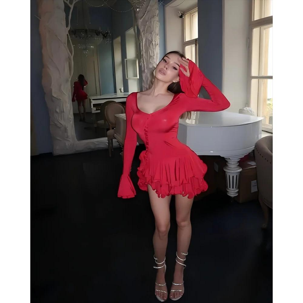 Dámské áčkové bodycon mini šaty s volánovým lemem, výstřihem do V, asymetrickými knoflíky, dlouhým rukávem, krátké šaty, párty, streetové oblečení