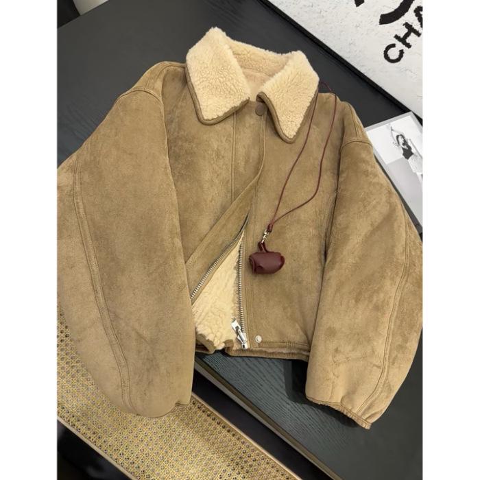 2025 Korean Style Retro Lambswool Biker Jacket for Women - Winter Petite S