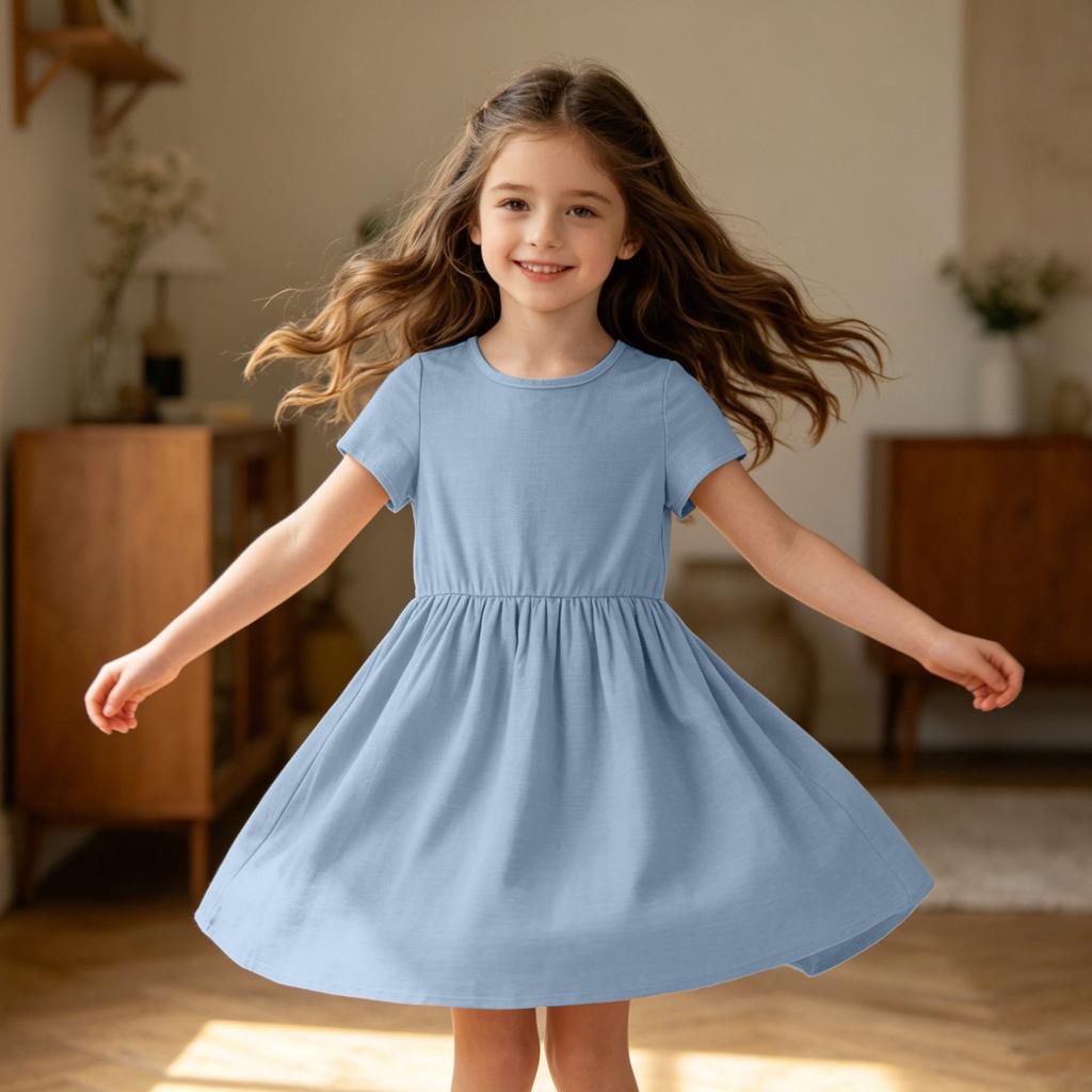 Mädchen Kurzarmkleid Lässig Lockerer Schnitt Atmungsaktive Baumwoll-Leinen-Mischung Sommerkleid mit Raffung in der Taille und Rundhalsausschnitt für den täglichen Gebrauch