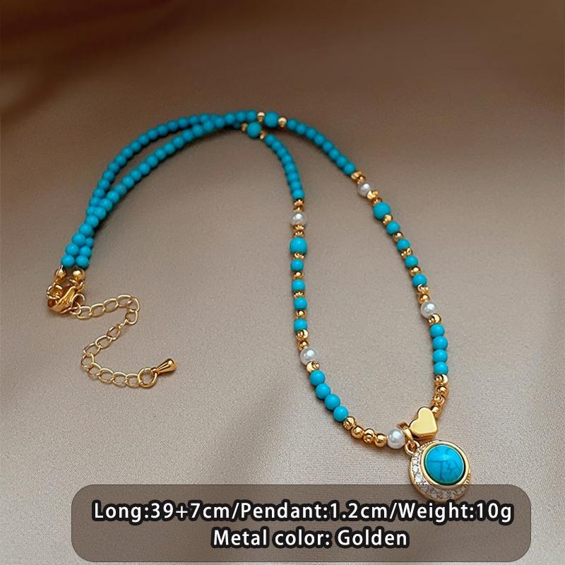 

European Retro Blue Bead Beads Natural Stone Pendant Necklace For Womens‘s 2026 New Jewelry Trend Collarbone chain Accessory