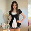 Women Black White Color Block Square Neck Bow Detail Puff Sleeve Slim Fit Casual Blouse