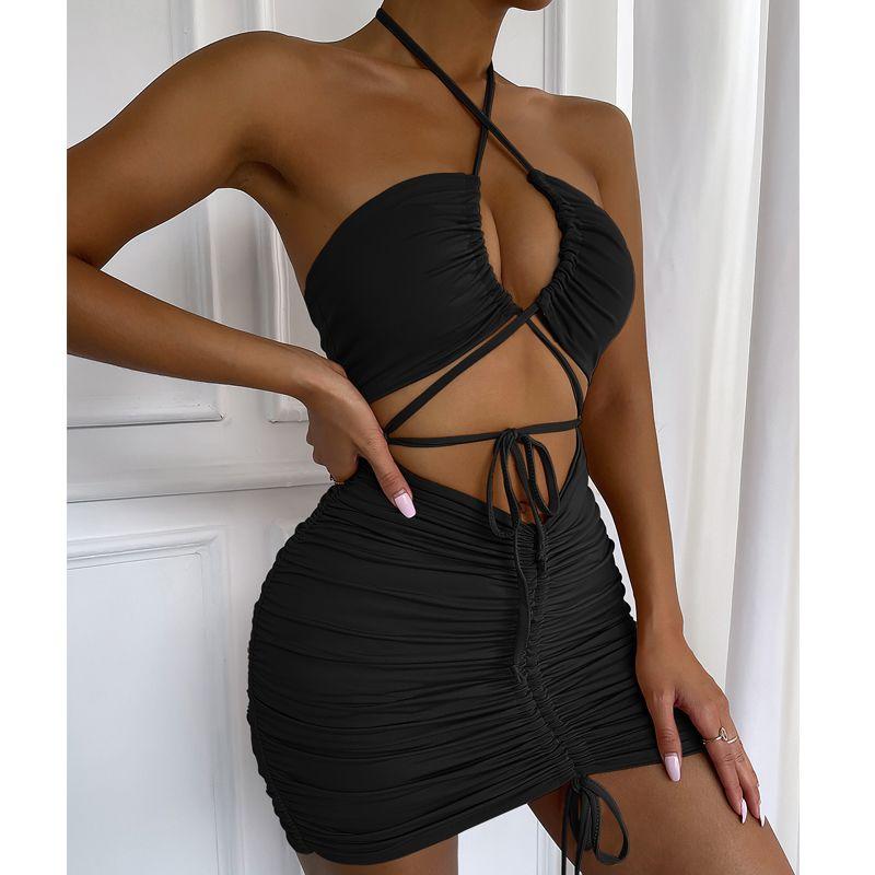 

Nice Outfit Half Milk Dress Pleated Drawstring Bodycon Dress Khaki Cut Out Short Skirt Sexy Sexy Dress Black L
