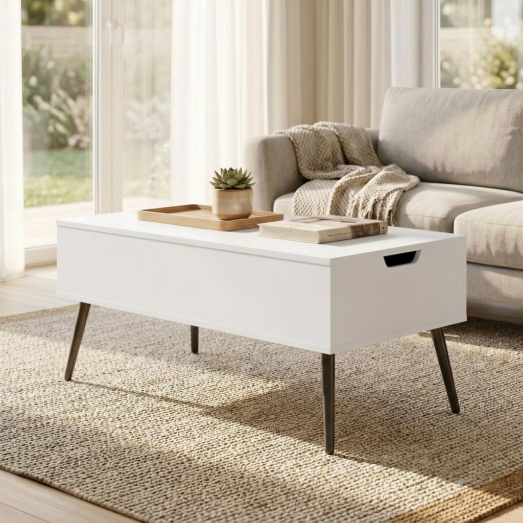 Height-Adjustable Coffee Table Living Room Table with Hidden Storage for Living Room, 50 X 100 Cm, White
