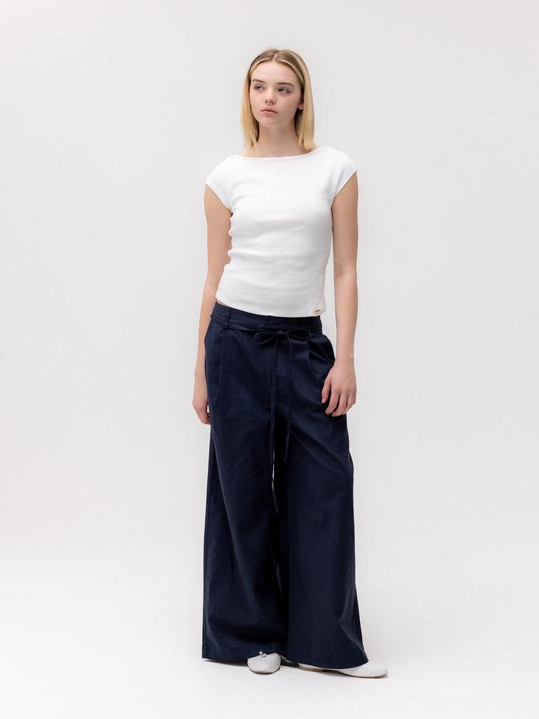 GLOWNY G Belted Linen Wide Pants (Navy)