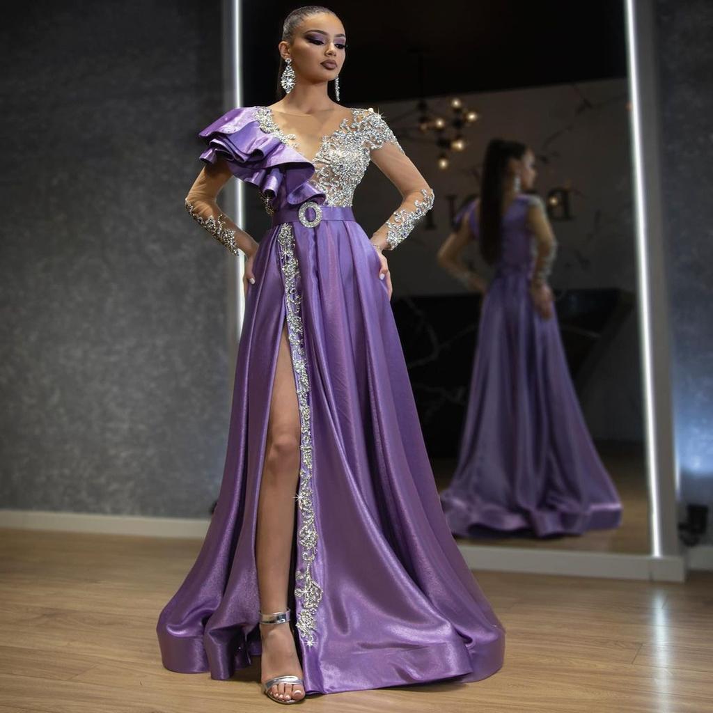 Spring New European and American Women's Evening Dress Women's Satin Sprinkled Gold Purple Sequined Dress