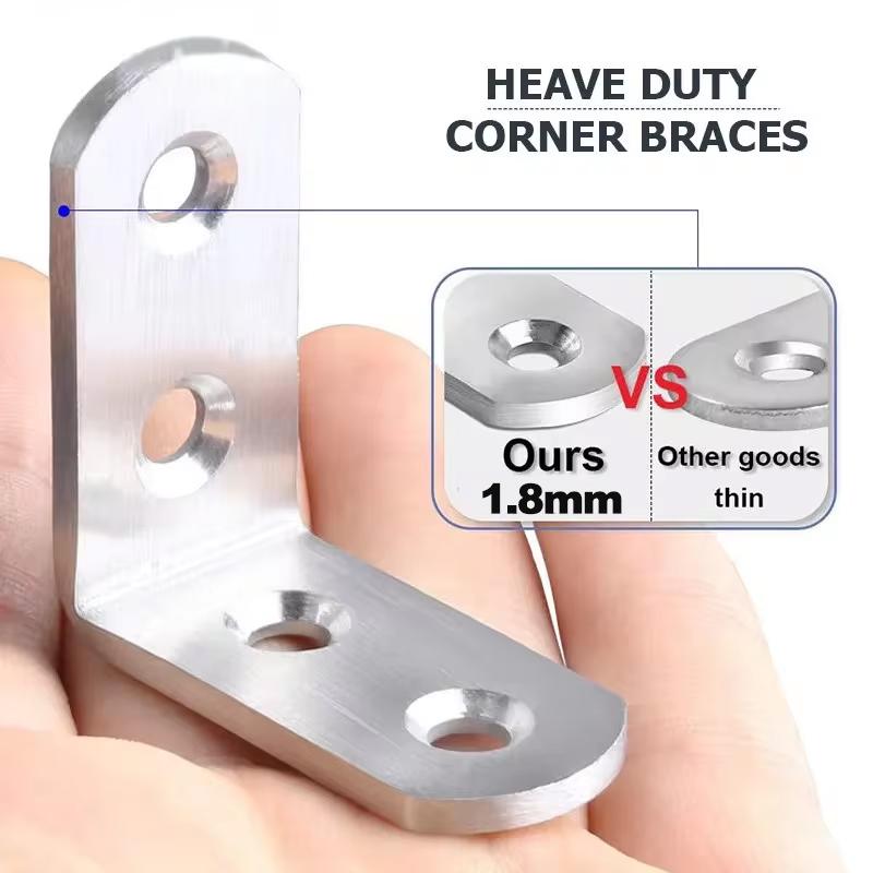 20/50/100PCS L Brackets Stainless Steel Corner Braces with Screws, 90° Right Angle Shelf Supports for Wood Furniture Accessories, Table