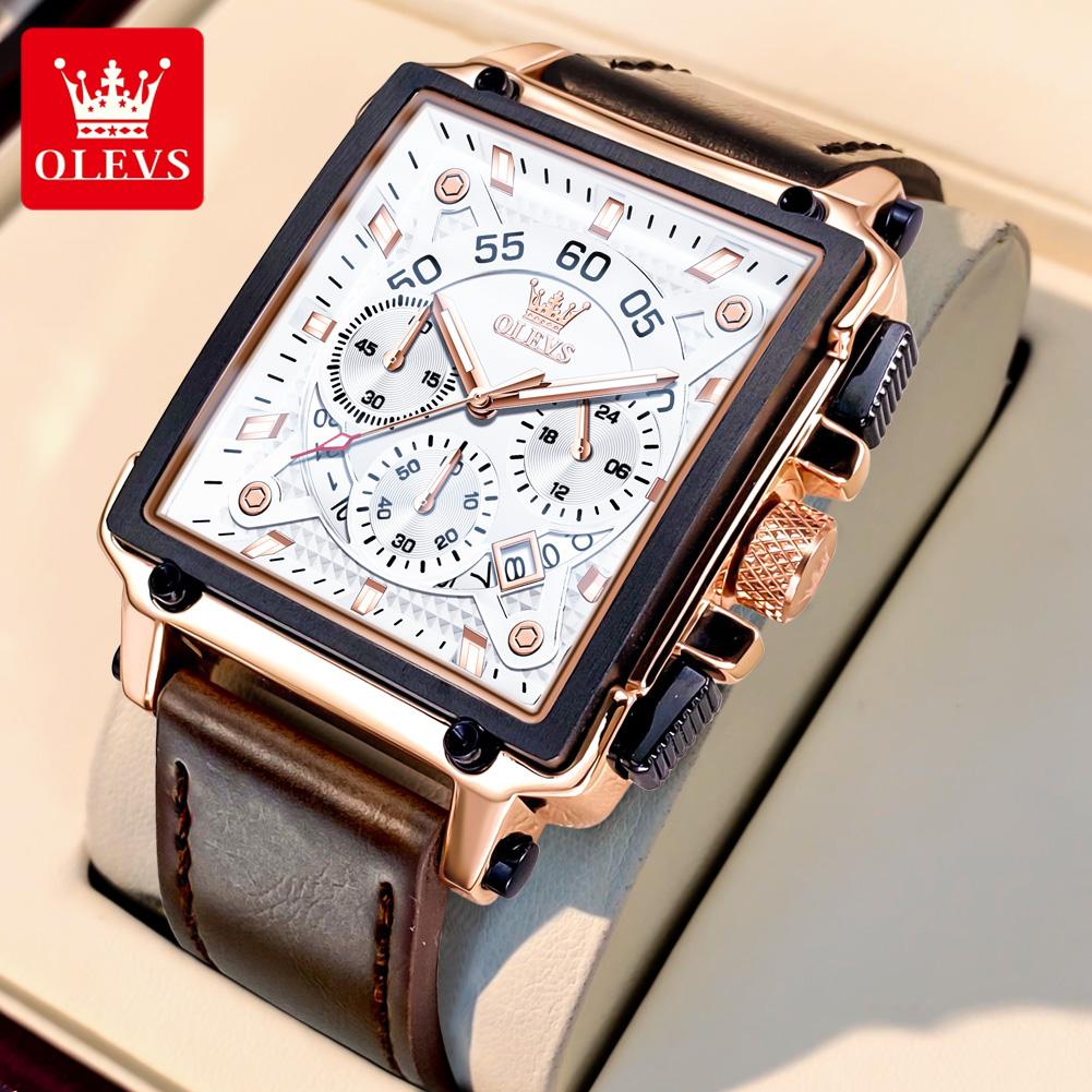 OLEVS Men's Watches Luxury Fashion Leather Strap Square Quartz Wristwatch for Man Waterproof Luminous Date Chronograph New reloj