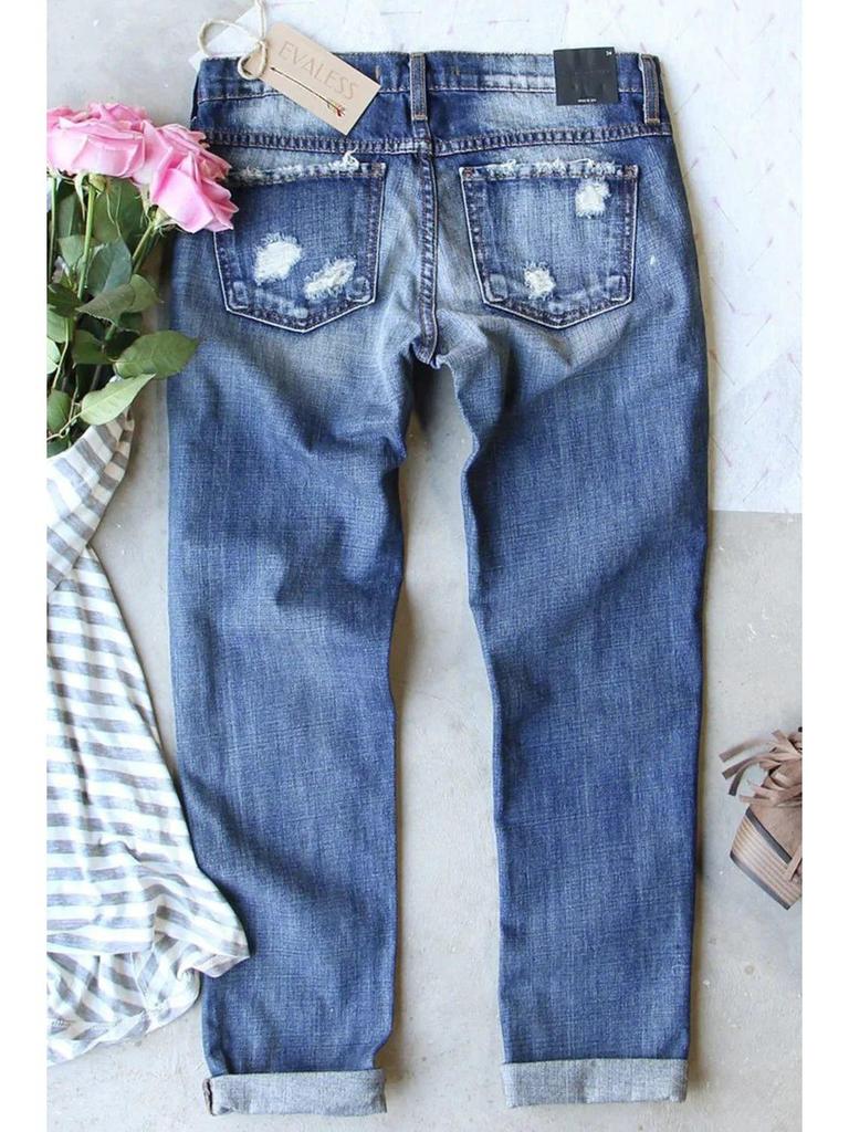Damen-Jeans mit Rissen, Frühjahr 2025 – Lässige lange Hose mit Printapplikationen
