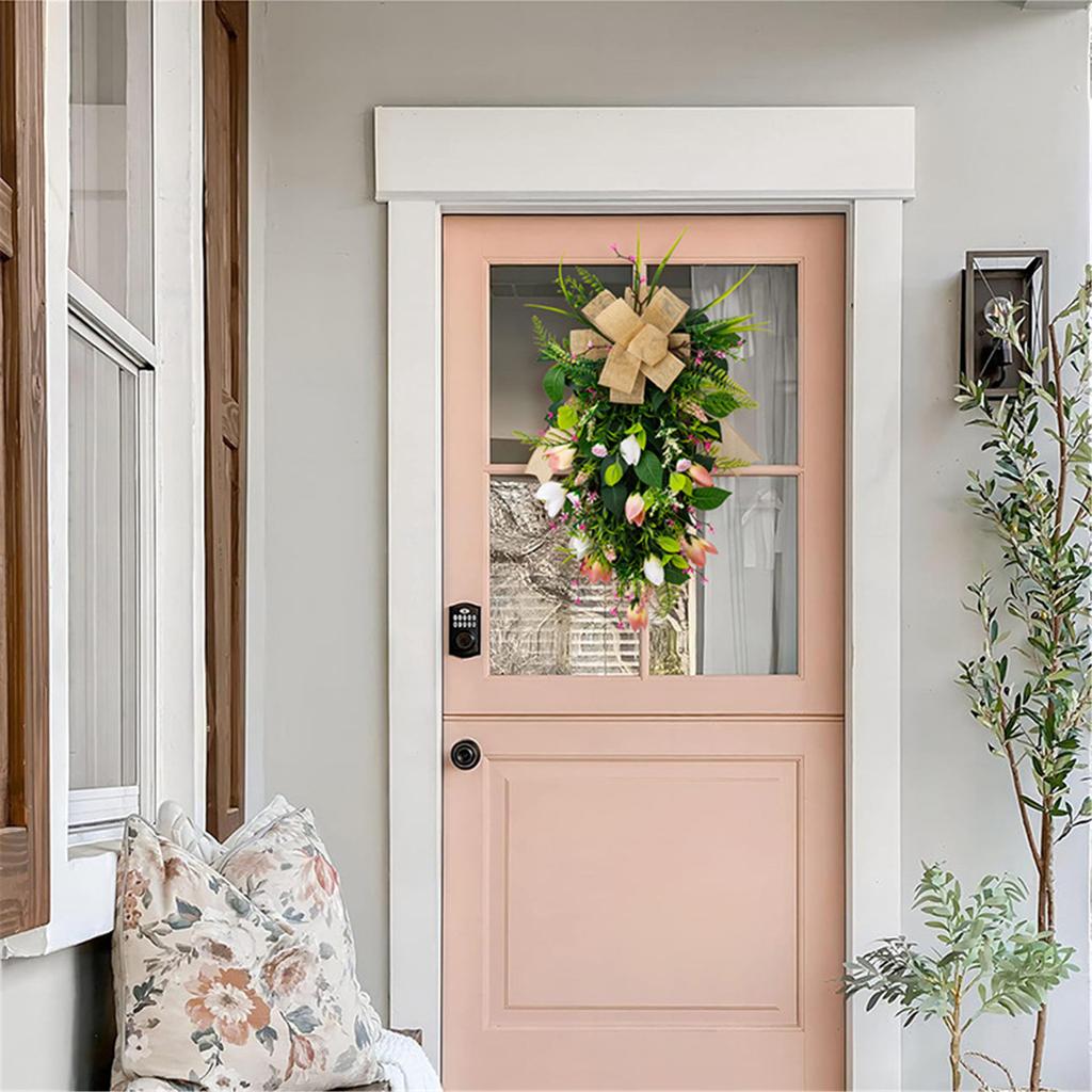 Spring Wreath Artificial Flower Wreath with Bowknot for Front Door Garden Window Outdoor Wedding Decorations