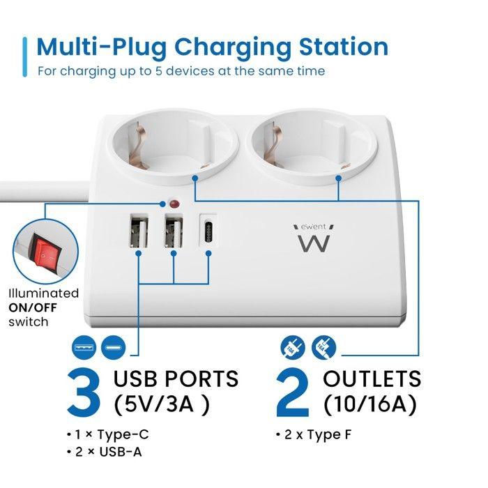 Ewent EW3871 Multiprise De Bureau 2 USB-A/USB-C 1.5m Blanche