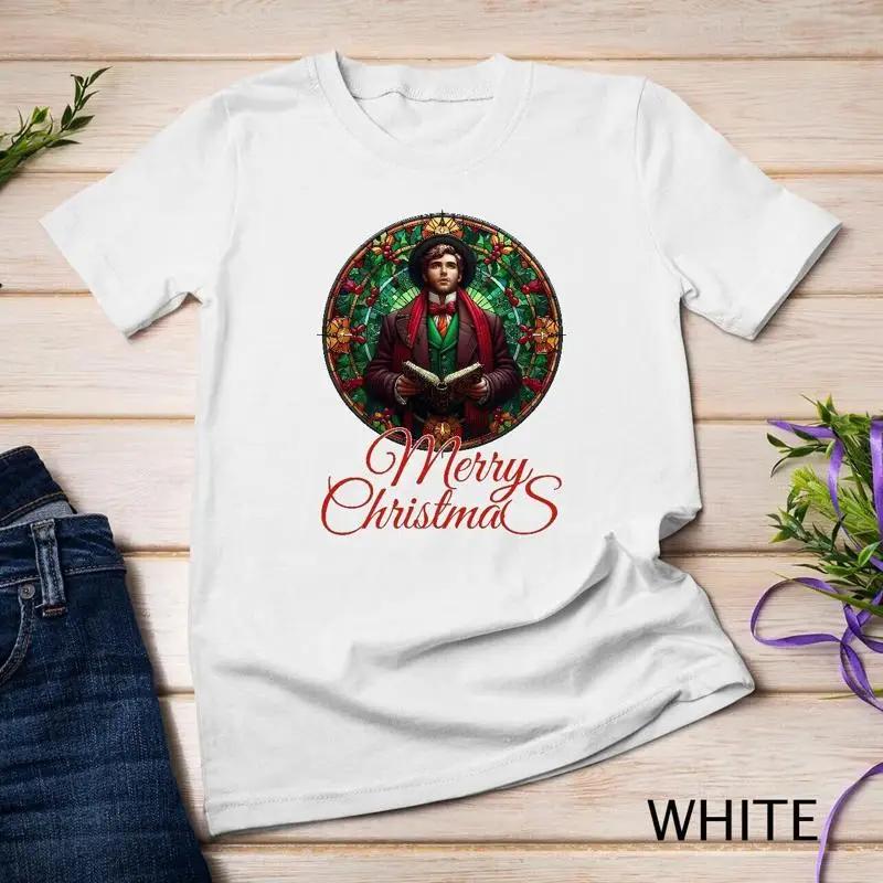 Vintage Stained Glass Christmas Caroler Graphic Tee Funny Unisex T Shirt