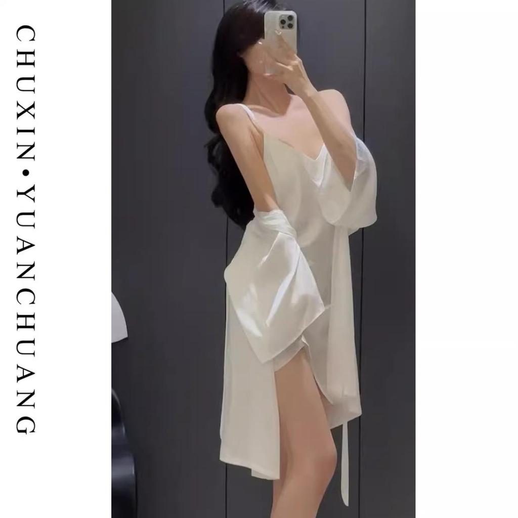 Damen Eis-Seide V-Ausschnitt Lang Pyjama-Set: Zweiteiliges ärmelloses Kleid & Überwurf für Frühling/Sommer.