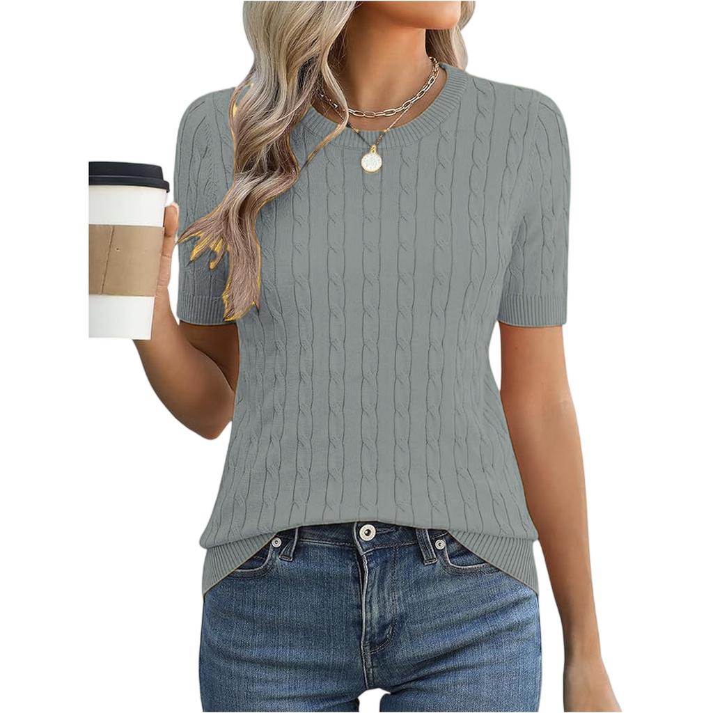 Women Short Sleeve Cable Knit Pullover Crew Neck Ribbed Hem Fitted Soft Stretchy Lightweight Sweater Top