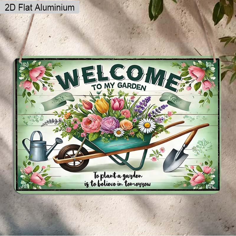 

2D Flat 1pc 12x8 Inches Retro Garden Aluminium Wall Art with WELCOME TO MY GARDEN Quote Vintage Floral Wheelbarrow Design Durable Metal Sign For 20*30cm