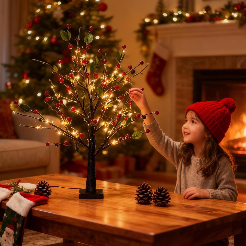 Lighted Red Berry Blossom Tree Lighted Christmas Decoration Desk Decor Holiday Tree for Apartment Restaurant Event Planners