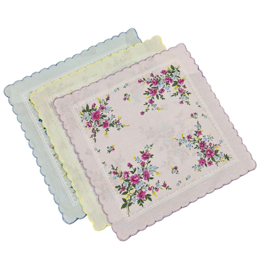 Set of 3 Women's 100% Cotton Printed Handkerchiefs - 29cm, High Density, Straight Edge Design