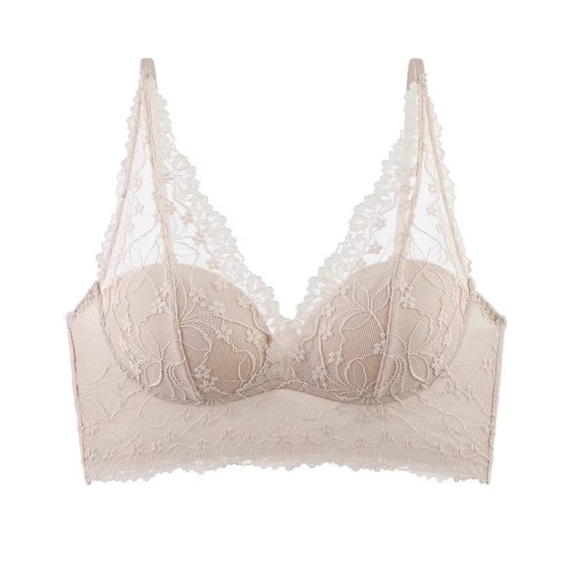 Women Lace Patch Wireless Bra Longline Lift Support Scallop V Neck Everyday Comfort Lingerie