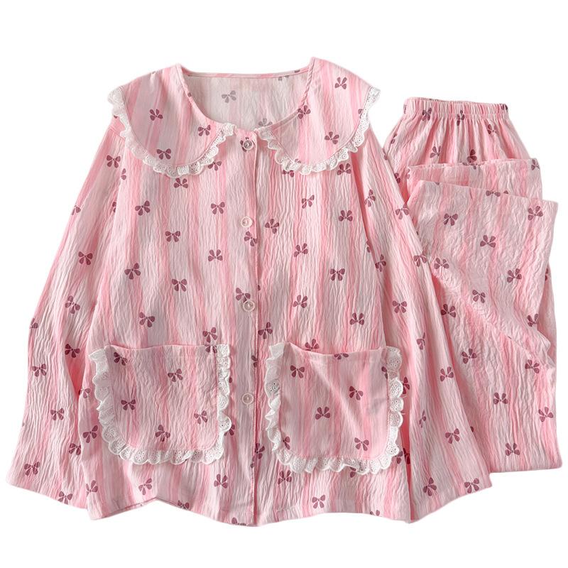 Light Luxury Sweet Striped Bow Cloud Cotton Edge Doll Collar Pajamas Women'S Casual Long-Sleeved Trousers Set