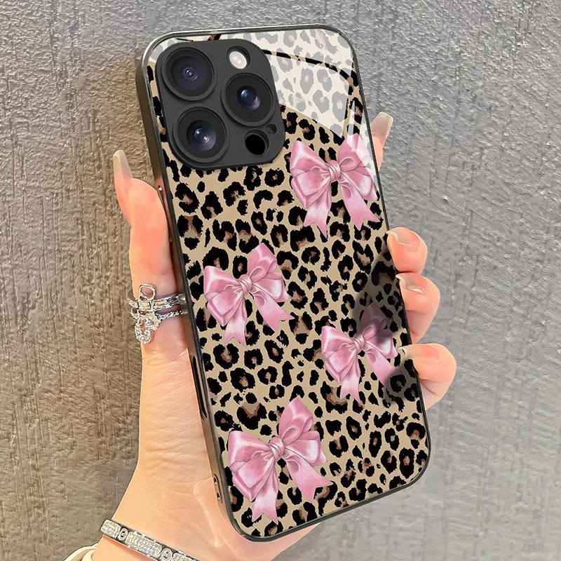Leopard Print Bow Cherry Pattern Tempered Glass Phone Case For iPhone 17 16 Pro Max 15 14 13 12 11 Pro 16E 7 Plus XR XS X Cover