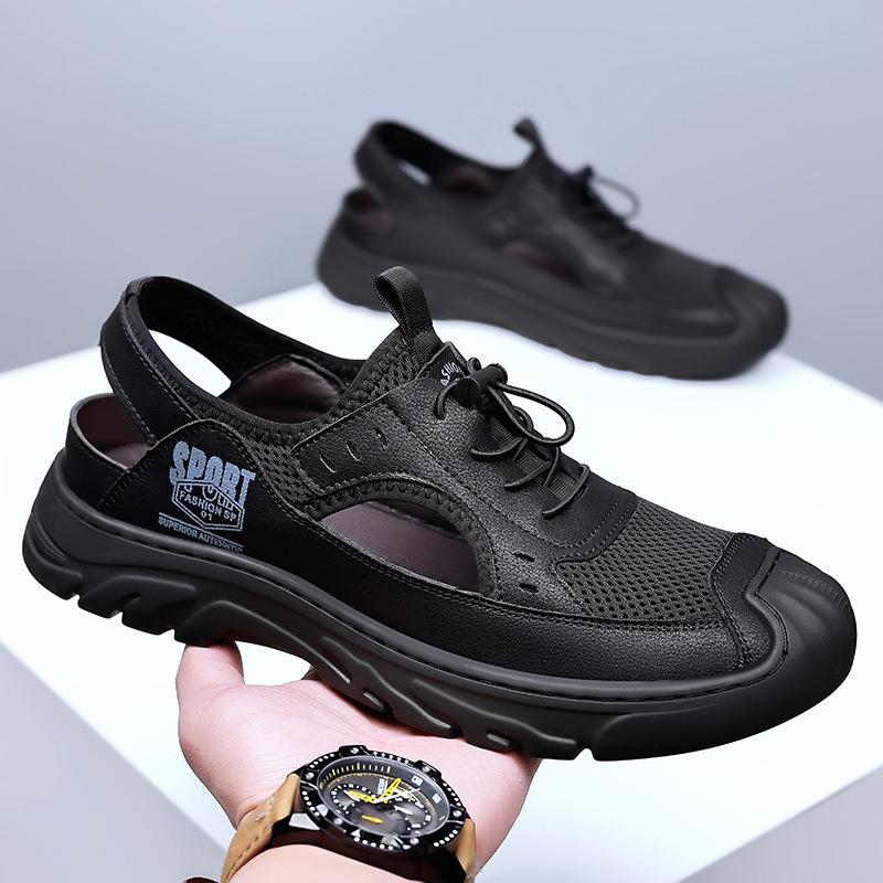 2025 summer new bag head sandals men's mesh casual beach shoes mesh breathable thick-soled hole shoes men