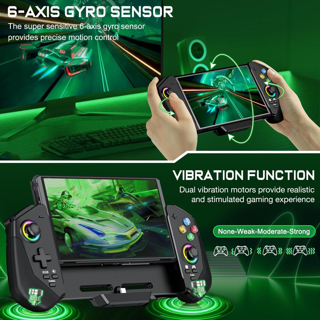 Kabelový ovladač pro OLED Funkce a vibrace RGB a pohodlný úchop se 4 sloty pro karty Switch/Switch - Gyro, Turbo, Ovládání, Osvětlení,