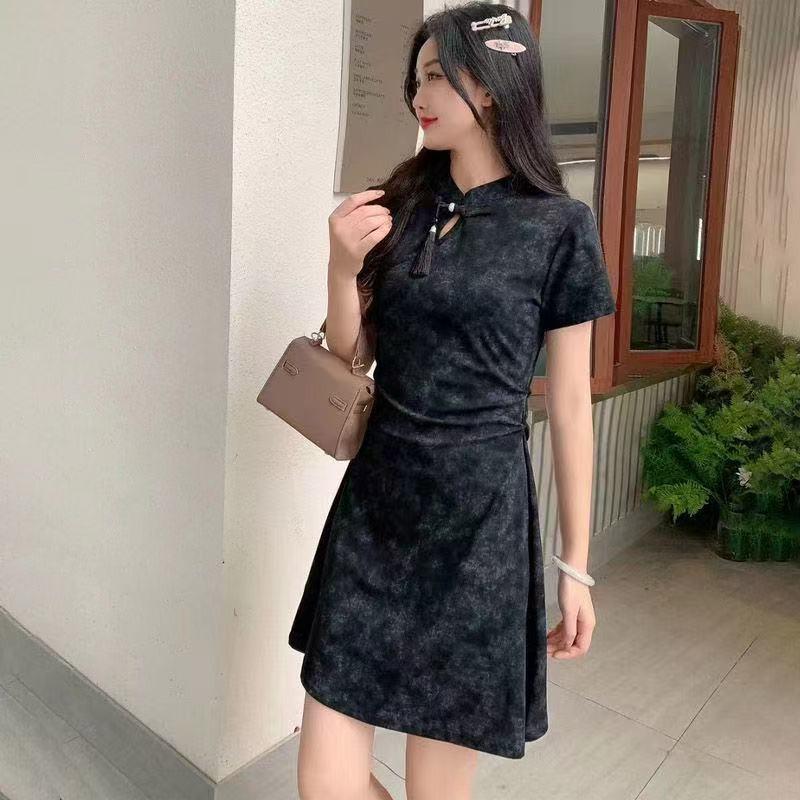Summer Cheongsam-Style Frog Button Tie-Dye A-Line Dress with Stand Collar for Women