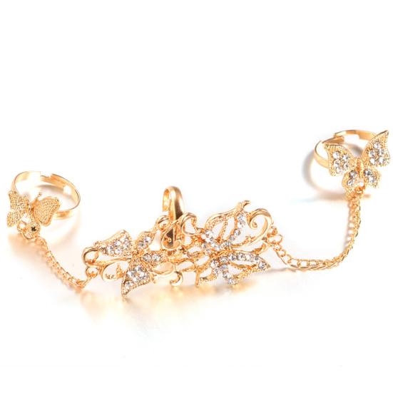 Fashion Rhinestone Hollowed Butterfly Link Finger Ring Adjustable Women Jewelry