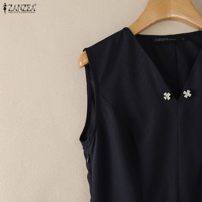ZANZEA Women Summer V-Neck Solid Color Casual Sleeveless Dress