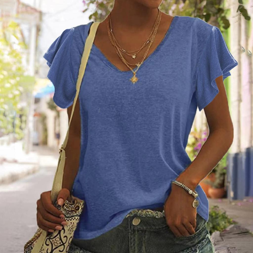 Women's Summer Basics T-Shirt Ruffled Sleeves Color Fashion V Neck Short Sleeve Loose Top