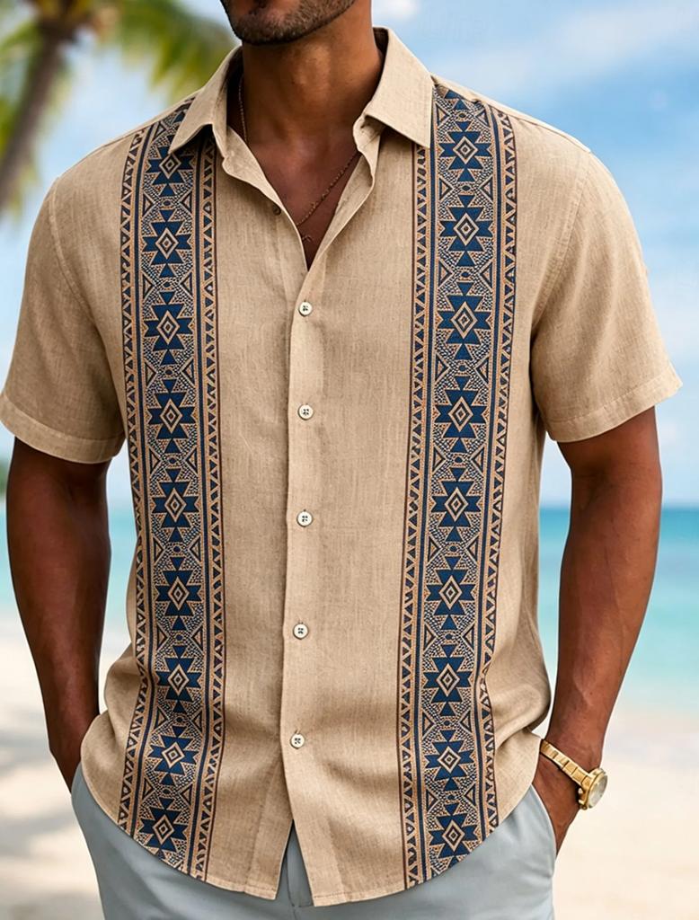 Summer Essential! Tribal Pattern Short Sleeve Shirt, Lightweight Linen Blend