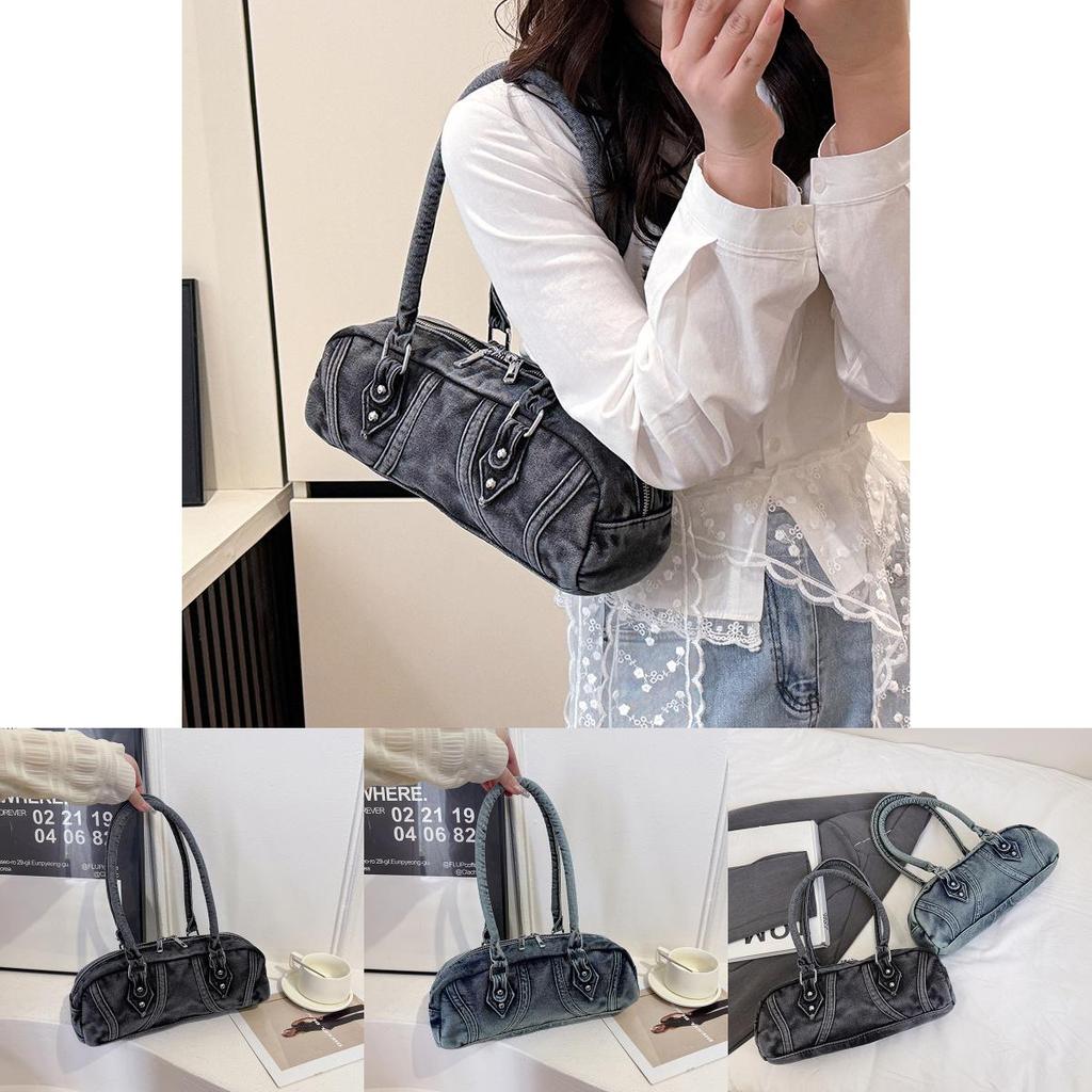 Denim Baguette Shoulder Bag For Women With Vintage Style And Zipper Closure For Daily Use