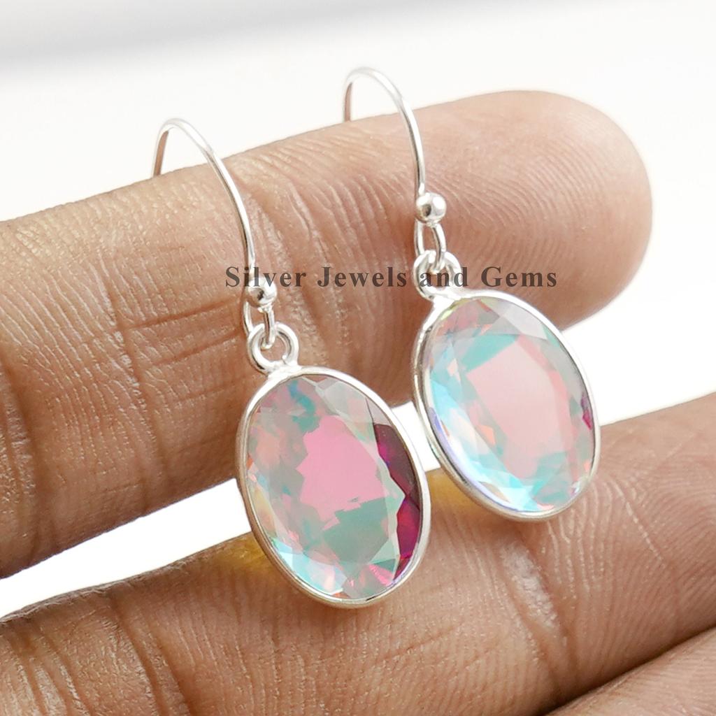 Natural Angel Aura Quartz Earrings, Handmade Earrings, 925 Sterling Silver, Oval Aura Quartz Earrings, Bezel Earring, Dangle Drop Earrings