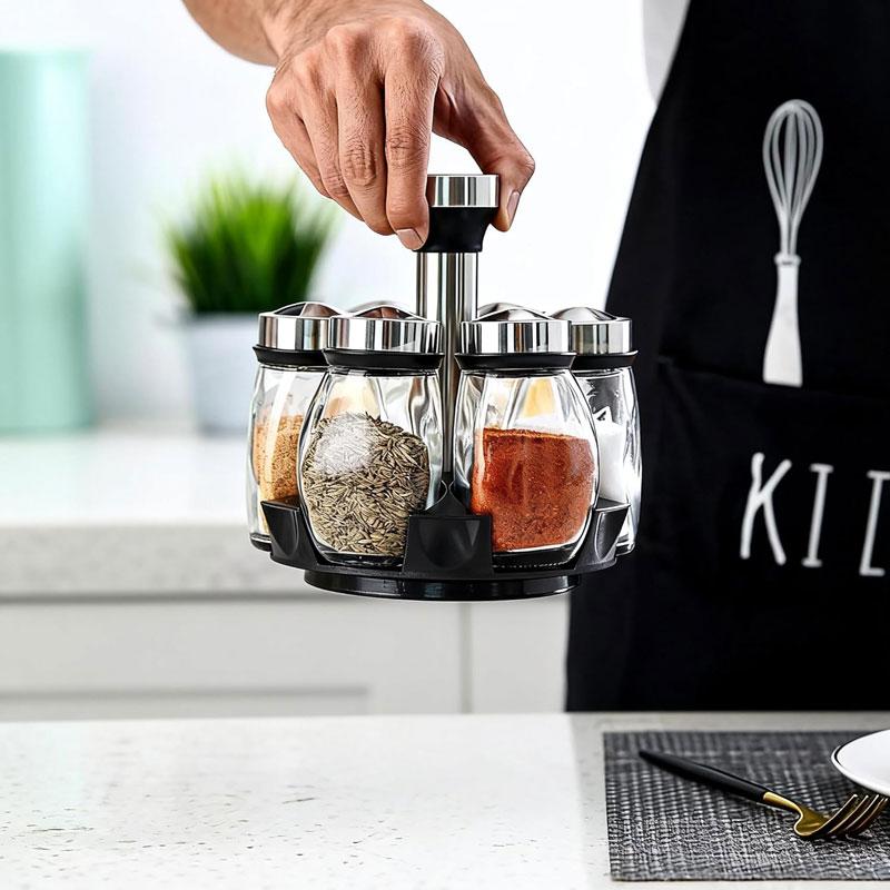 1/7pcs Spice Jar Glass Organizer Rotating Glass Seasoning Sugar Pepper Bottle Frame Salt Shakers Holder Kitchen Storage Rack