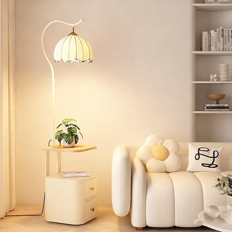 Cream Solid Wood Cabinet Side Table Lamp with Floral Shade