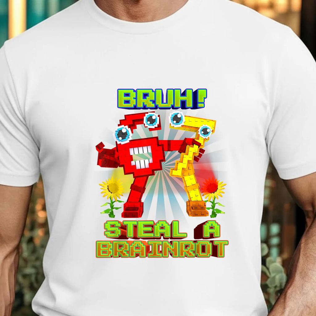 FrühlingSommer Neu Herren und Damen Bruh 67 Meme Steal A Brainrot Pixelmuster Bedrucktes Baumwoll Freizeit Kurzarm T-Shirt