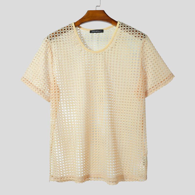 

INCERUN Мужские футболки с V-образным вырезом, с короткими рукавами, с ажурными вставками, просвечивающие топы L