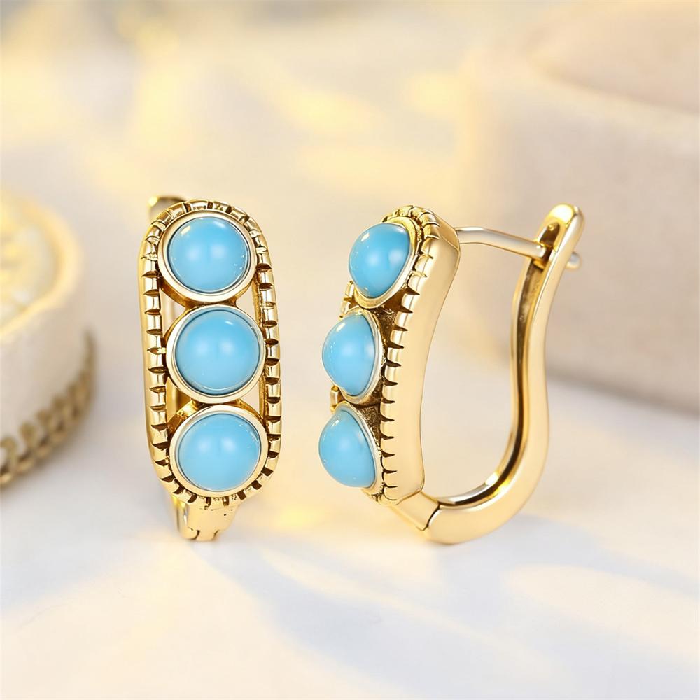 Simulated Turquoise Blue Round Stone Hoop Earrings For Women Vintage Gold Silver Color Ear Buckle Wedding Jewelry Valentine Gift