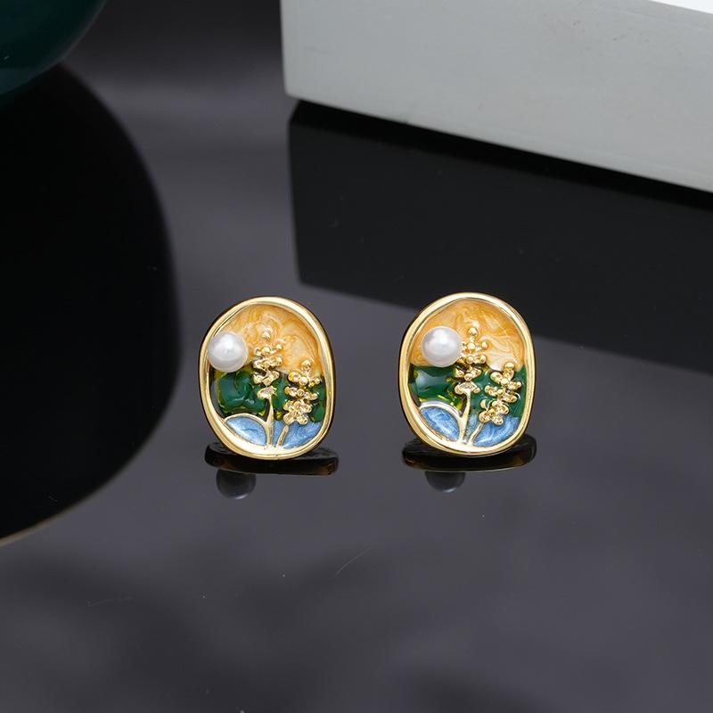Women's Retro Enamel Drip Oil Wheat Ear Earrings - High-End, Unique Design
