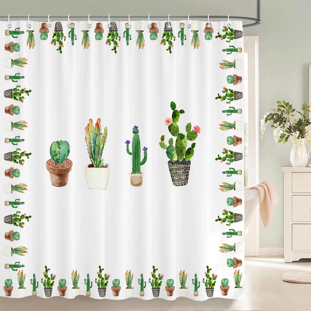Tropical Plant Cactus Shower Curtain 180cm *180cm with Hooks, Floral Waterproof Shower Curtain, Shower Curtains for Bathroom
