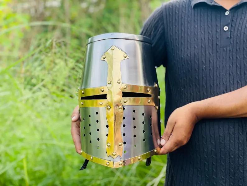 Handmade Crusader Knight Helmet | Steel & Brass, LARP Cosplay Armor