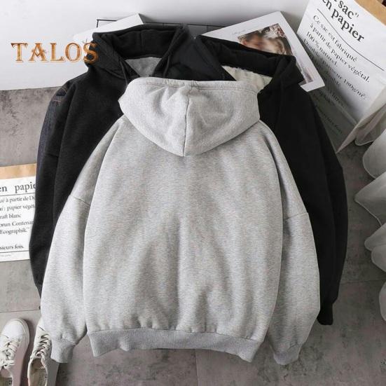 Fall Winter Men Coat Zip-up Long Sleeves Elastic Cuff Thick Plus Size Drawstring Plush Solid Color Loose Pockets Daily Sport Hoodie