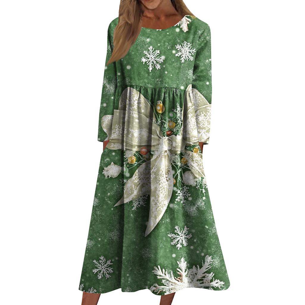 Women's Casual Crew-neck Christmas Print Mid-length Dress Long-sleeved Dress With Pocket